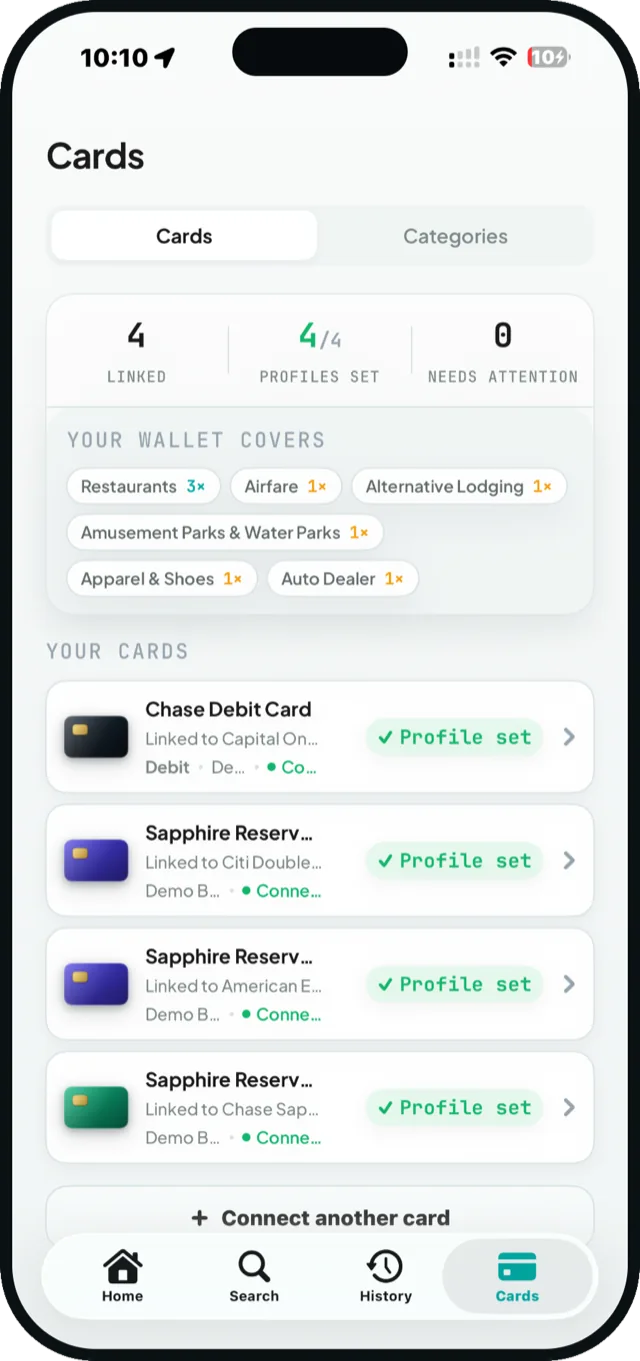 Credily's wallet screen showing linked cards and the categories they cover.