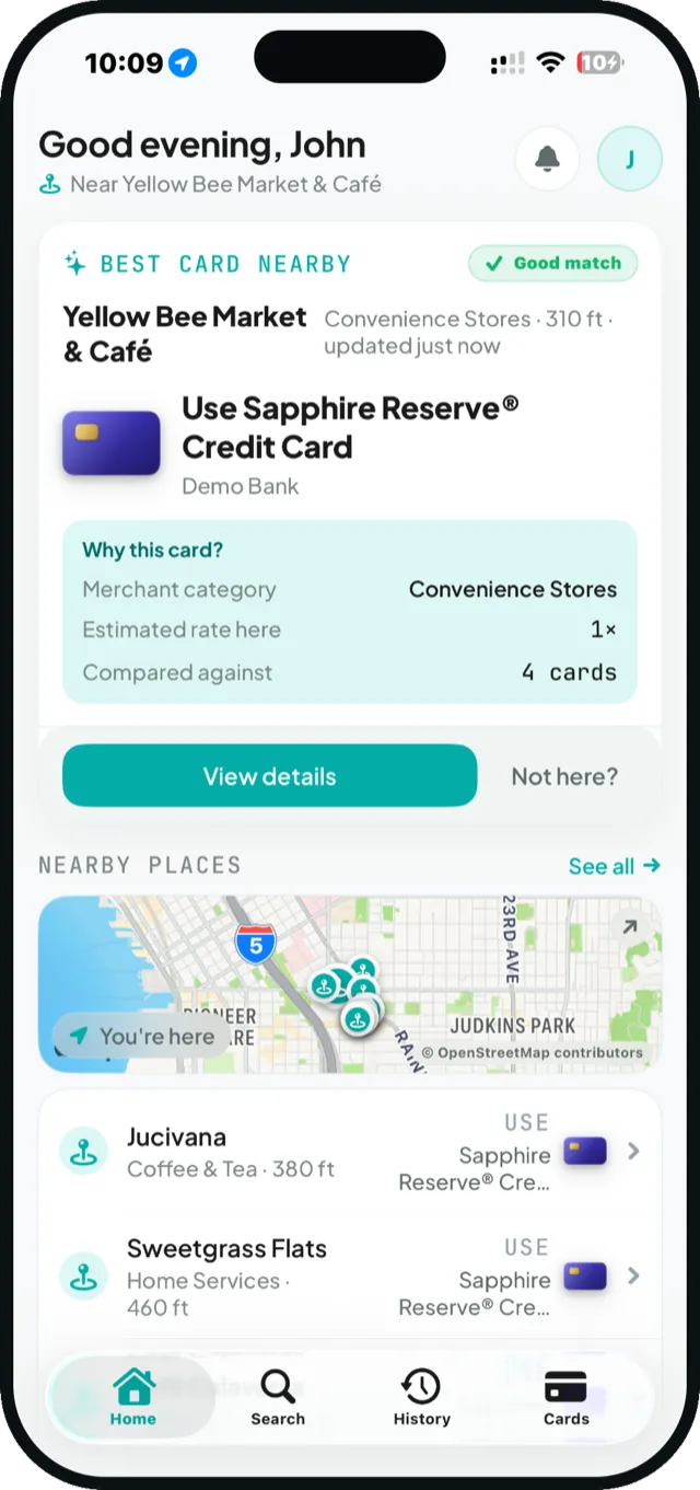 The Credily home screen showing the best card to use at a nearby merchant.