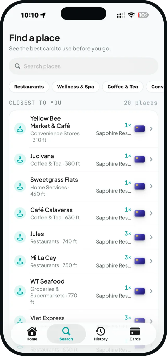Credily's search screen listing nearby places with a suggested card for each.